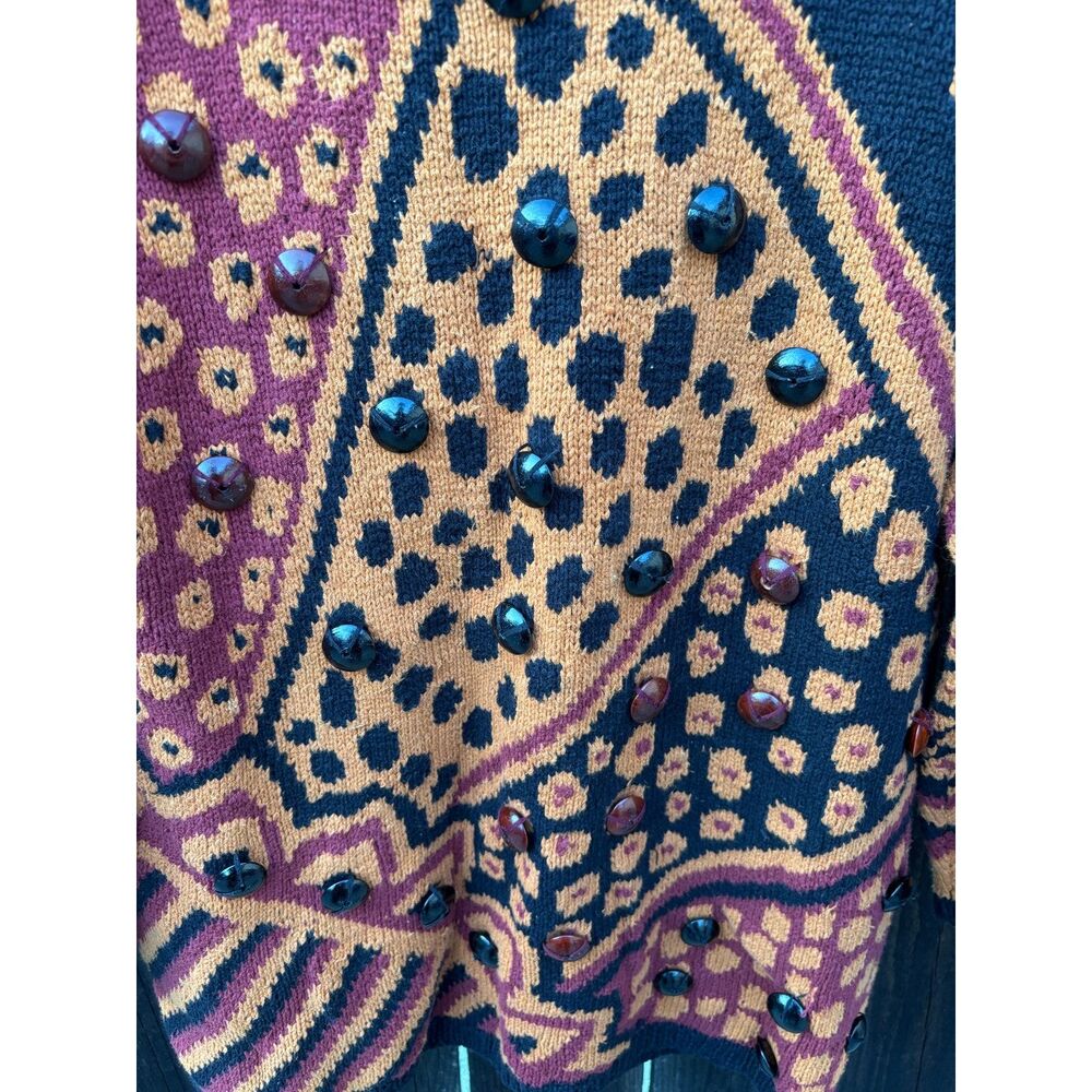 Vtg Adrienne Vittadini Art Deco Beaded Sweater Sz M Patchwork Oversized Cotton - Picture 5 of 8